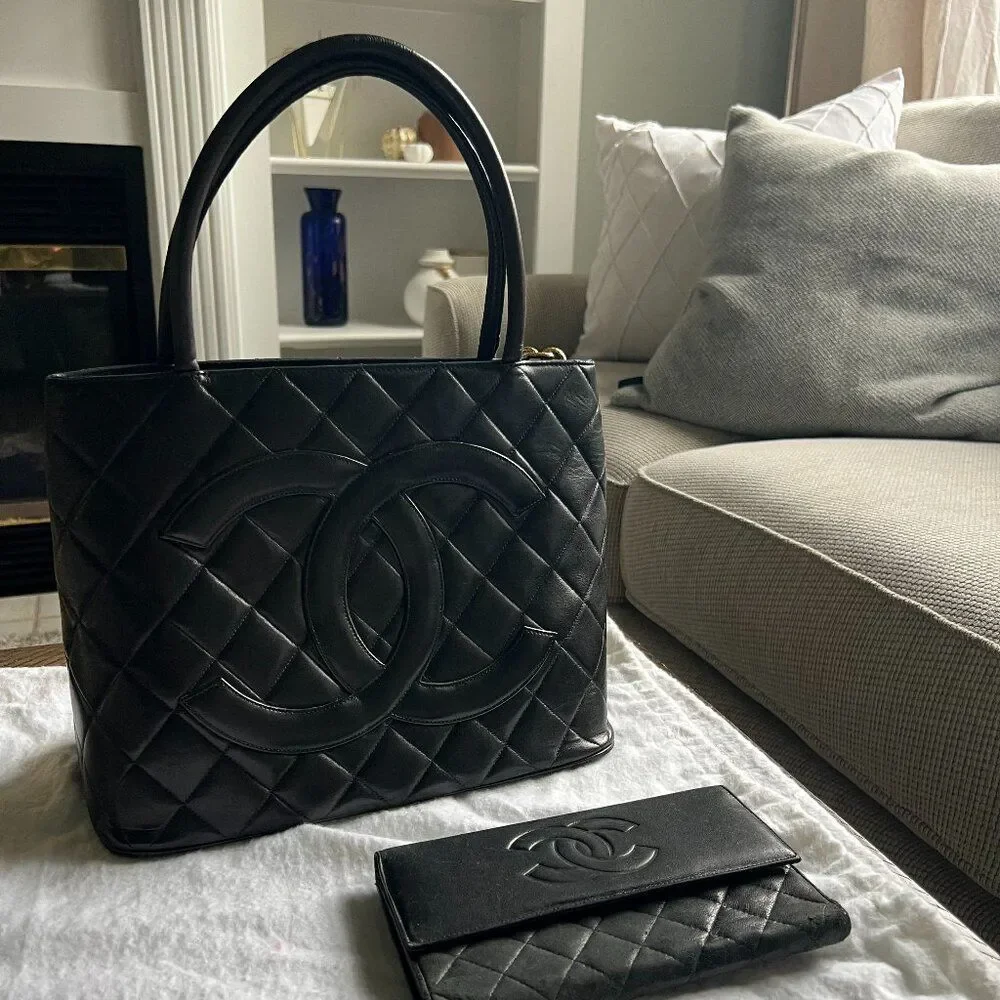 Vintage Chanel Black Quilted Lambskin Medallion Tote and CC Lambskin Flap Wallet